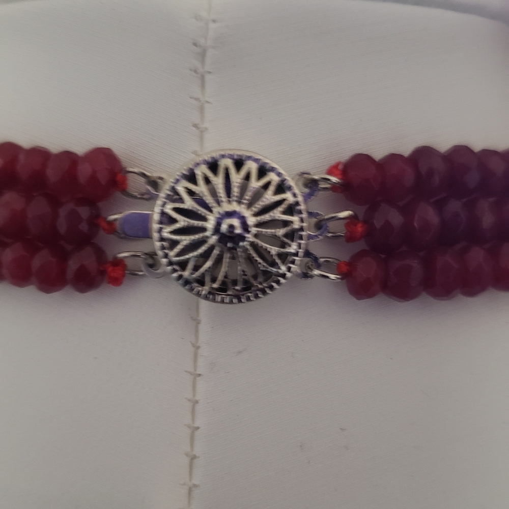 NWOT, Ruby Necklace, Triple Strand, Faceted Beads, Artisan Made, Gorgeous Clasp. - Picture 5 of 6